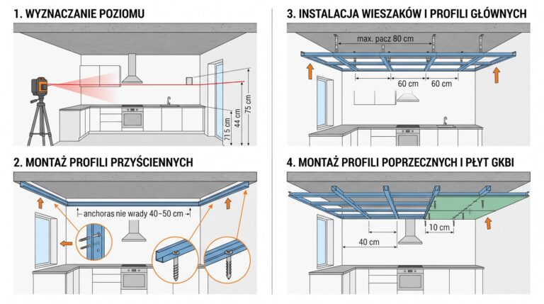 montaz sufitu podwieszanego schemat